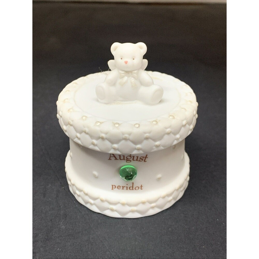 Vtg August Peridot Birthday Bear Tooth Fairy Ring Trinket Box